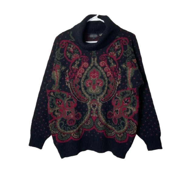 Vintage 80's tapestry knit lambswool blend turtleneck sweater L - Picture 1 of 8